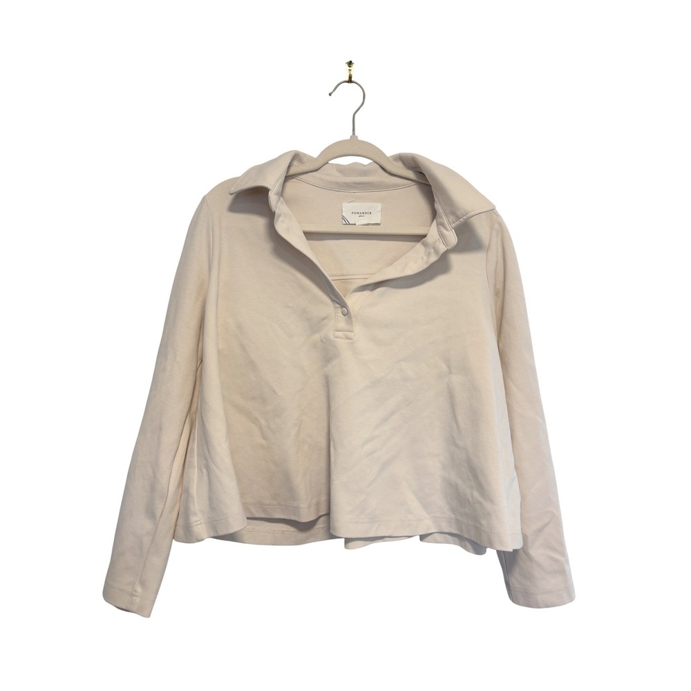 Tuckernut Pomander Place Polo Sweatshirt Swing Boxy Cropped Creamy Tan White M